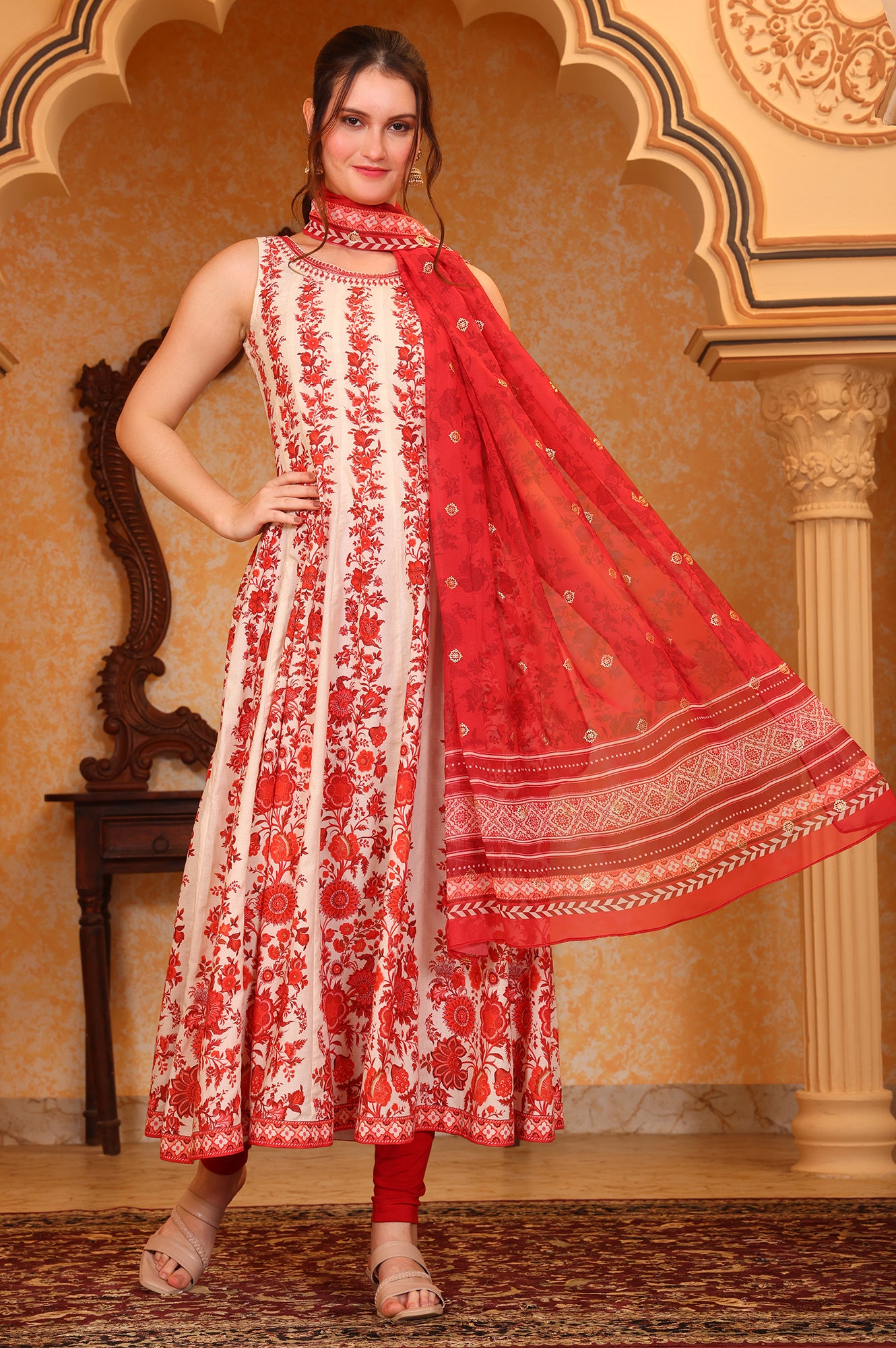 Red Floral Printed Dori Embroidered Anarkali Cotton Kurta, Tight and Dupatta Set