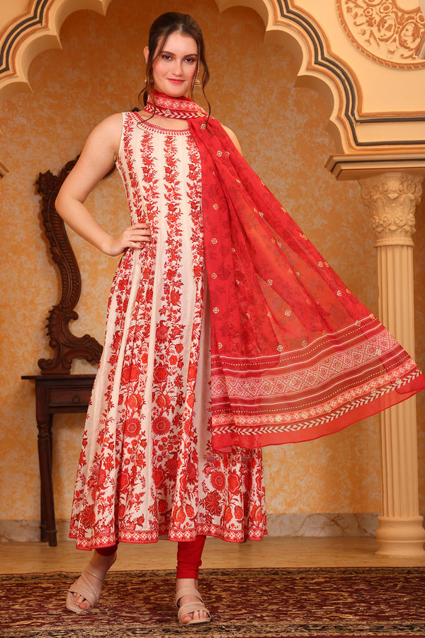 Red Floral Printed Dori Embroidered Anarkali Cotton Kurta, Tight and Dupatta Set