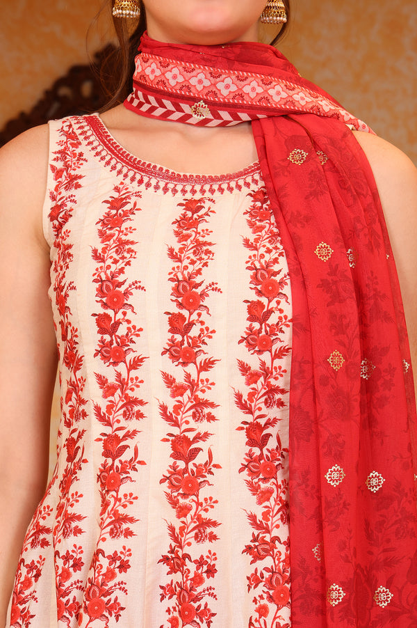 Red Floral Printed Dori Embroidered Anarkali Cotton Kurta, Tight and Dupatta Set