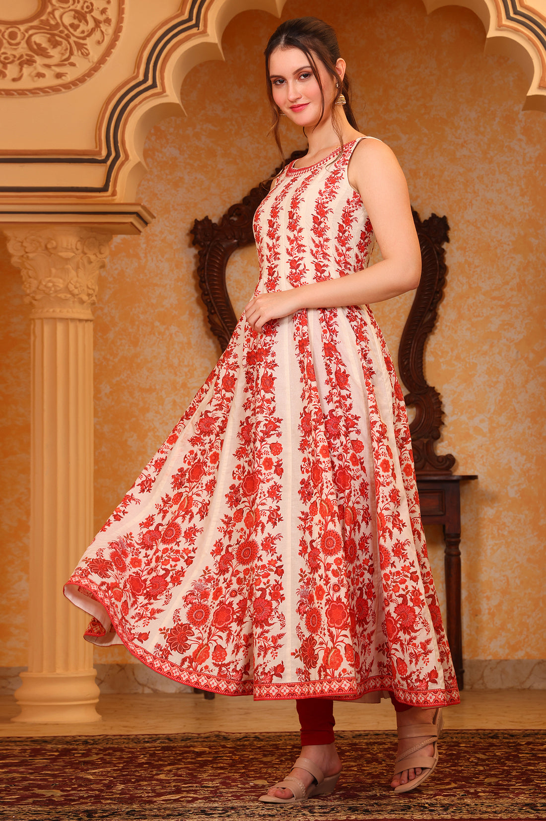 Red Floral Printed Dori Embroidered Anarkali Cotton Kurta, Tight and Dupatta Set