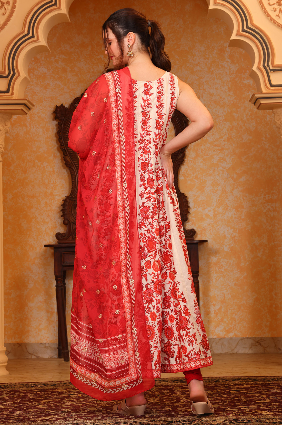 Red Floral Printed Dori Embroidered Anarkali Cotton Kurta, Tight and Dupatta Set