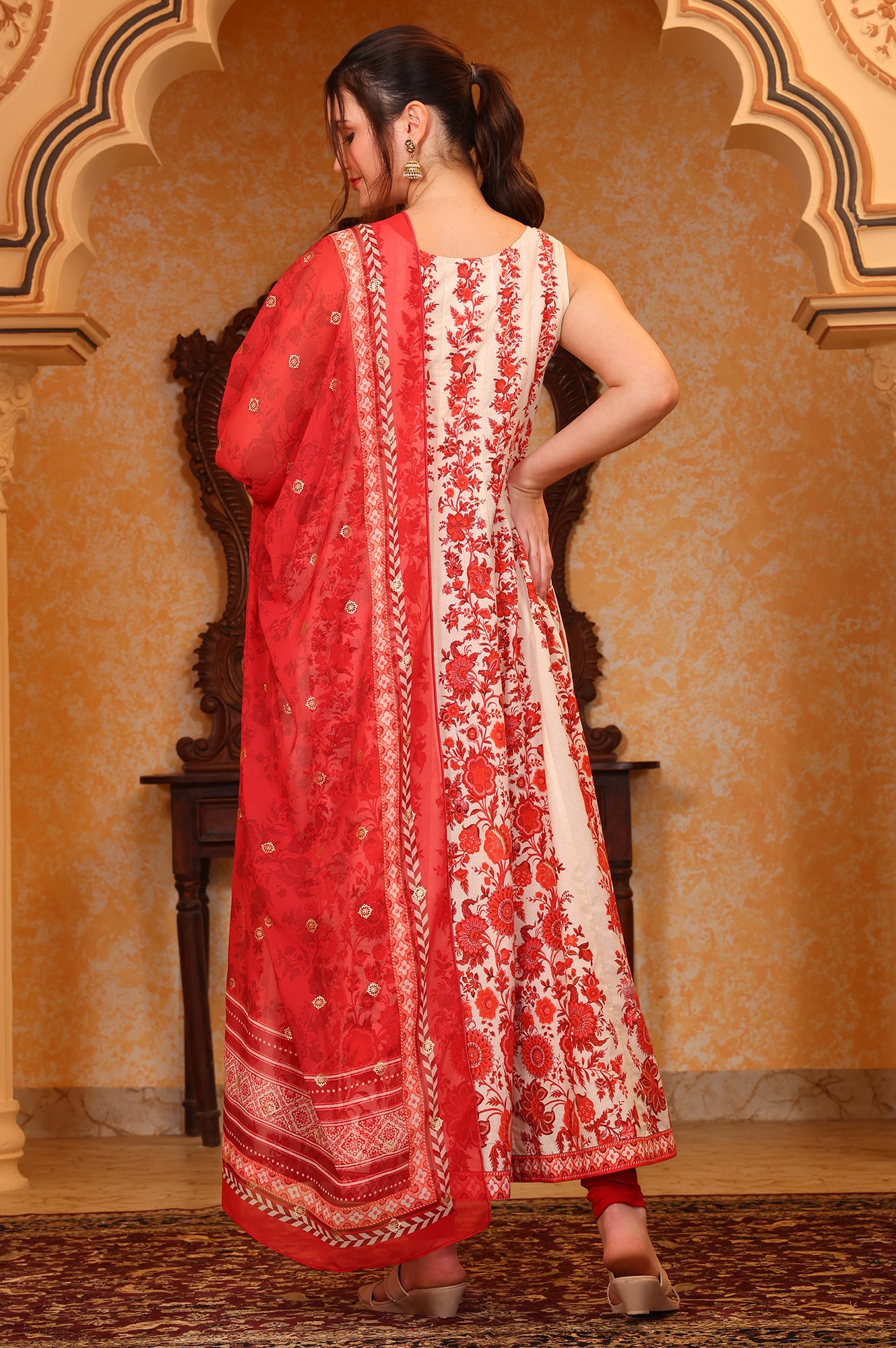 Red Floral Printed Dori Embroidered Anarkali Cotton Kurta, Tight and Dupatta Set