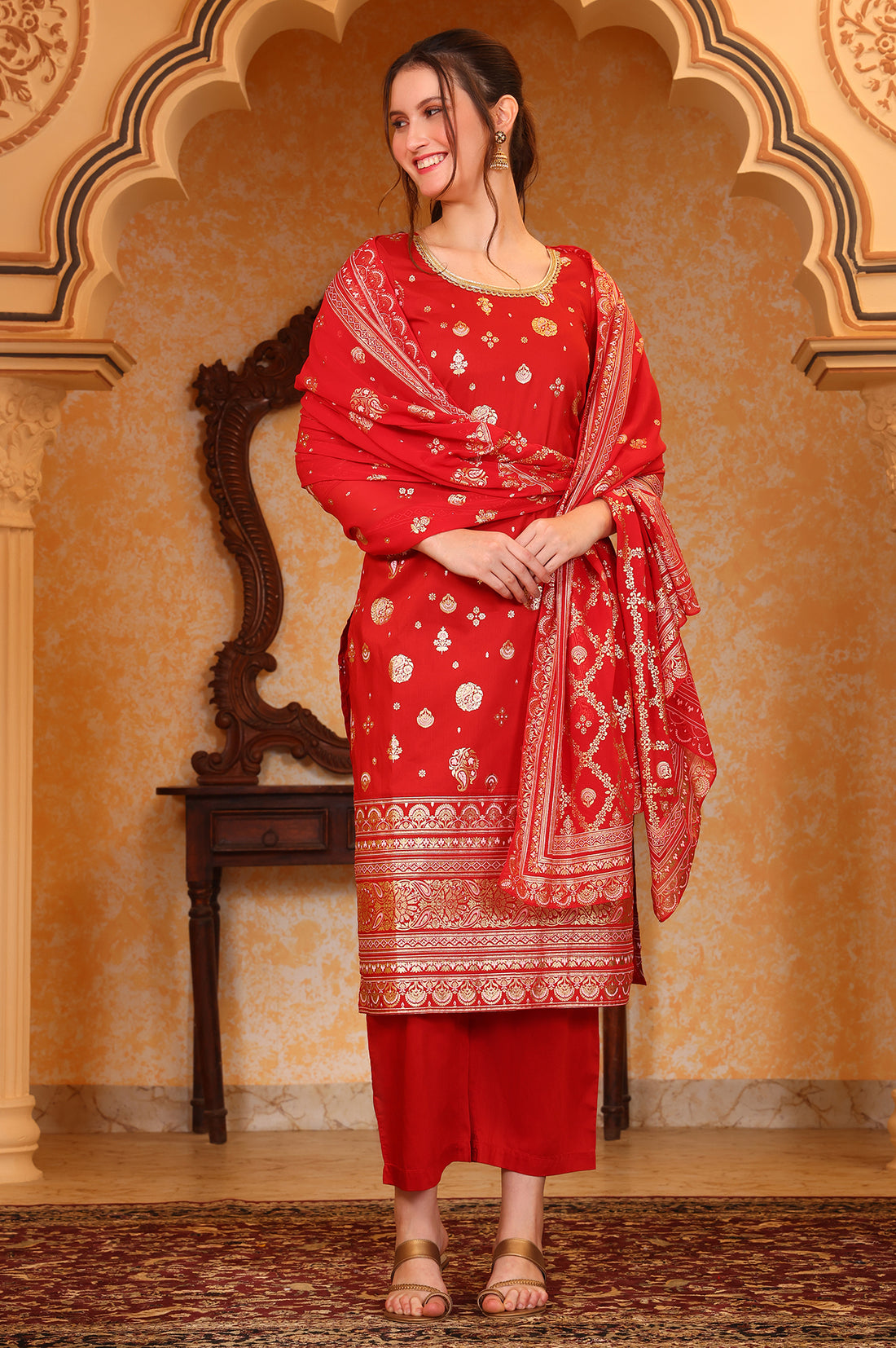 Red Abstract Printed Tape Ornamented Straight Kurta, Palazzo and Dupatta Set