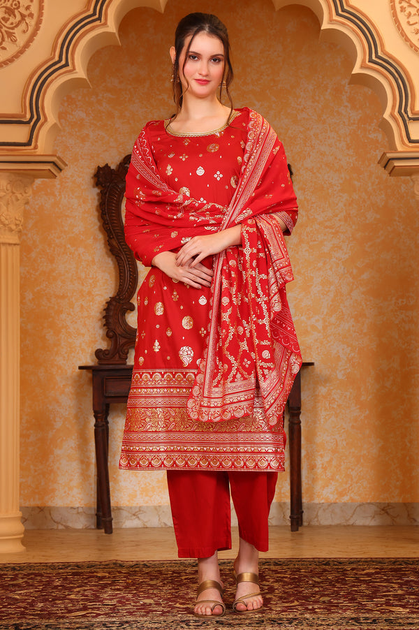 Red Abstract Printed Tape Ornamented Straight Kurta, Palazzo and Dupatta Set