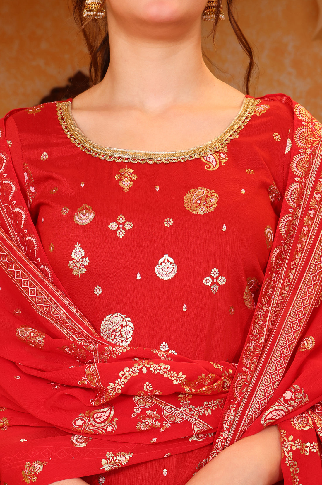 Red Abstract Printed Tape Ornamented Straight Kurta, Palazzo and Dupatta Set