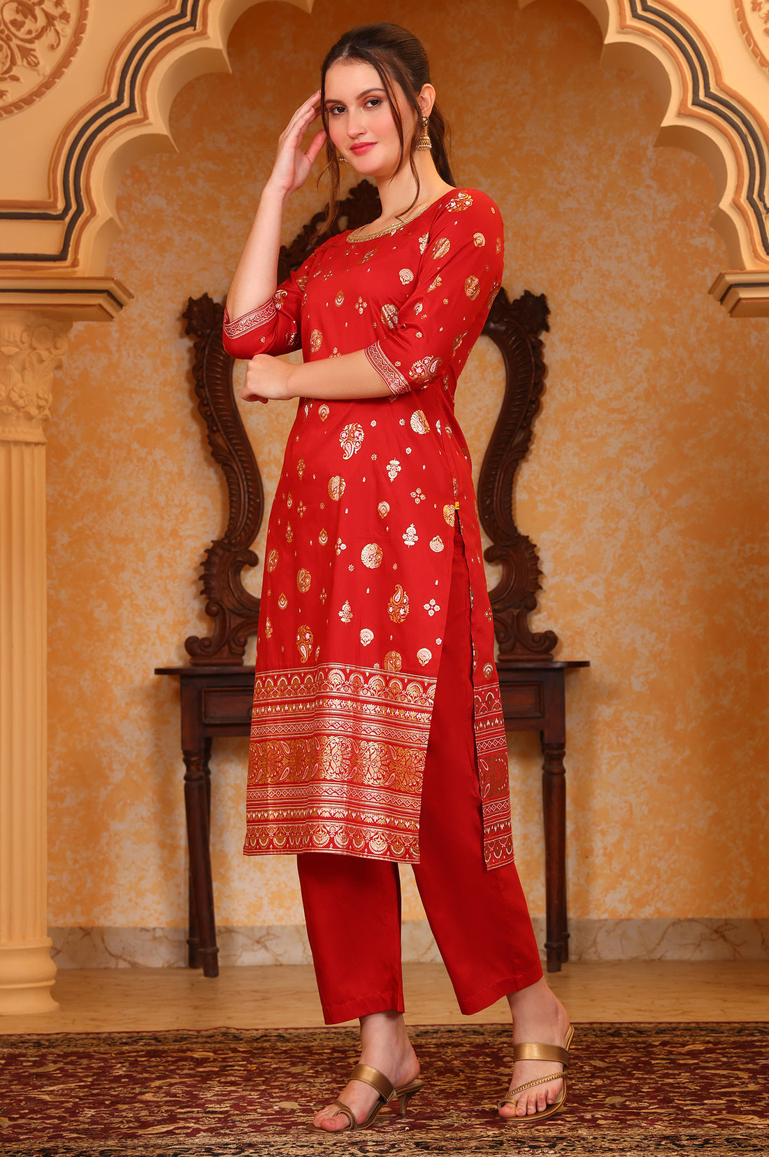 Red Abstract Printed Tape Ornamented Straight Kurta, Palazzo and Dupatta Set