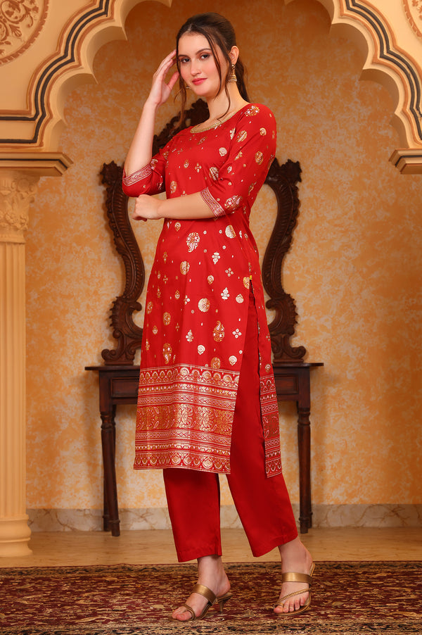 Red Abstract Printed Tape Ornamented Straight Kurta, Palazzo and Dupatta Set