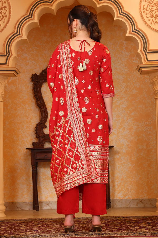 Red Abstract Printed Tape Ornamented Straight Kurta, Palazzo and Dupatta Set