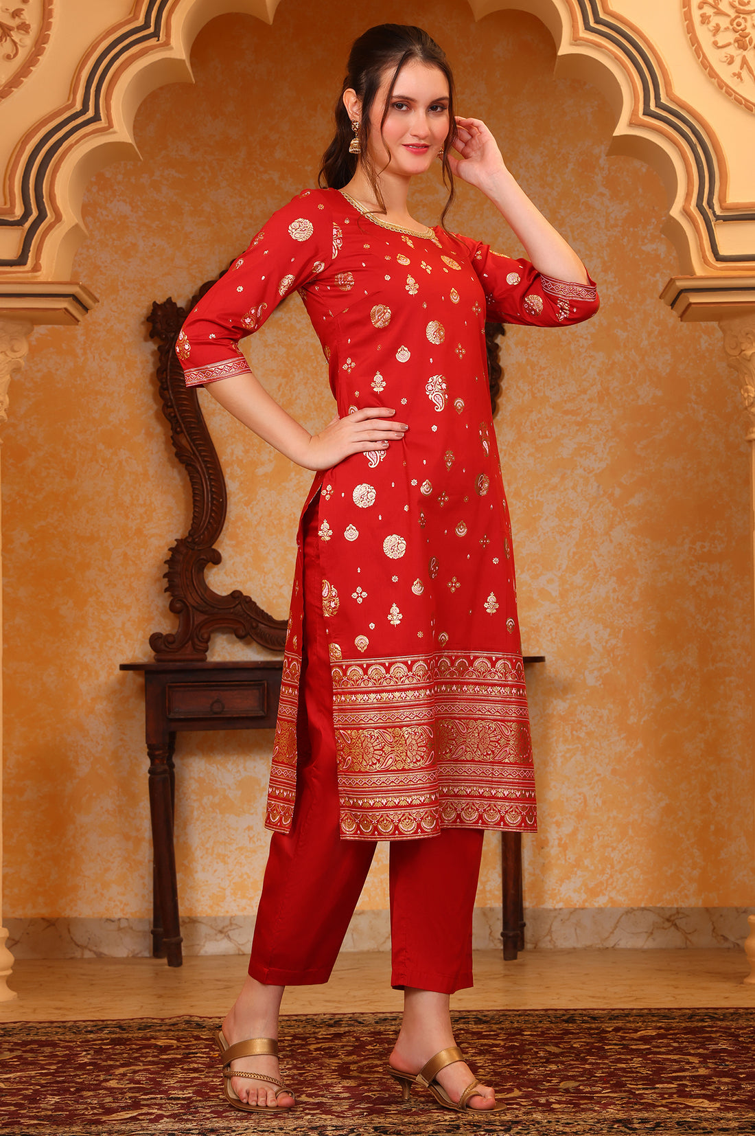 Red Abstract Printed Tape Ornamented Straight Kurta, Palazzo and Dupatta Set