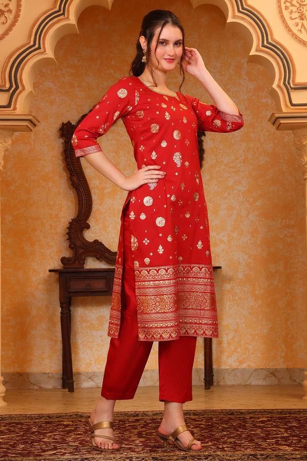 Red Abstract Printed Tape Ornamented Straight Kurta, Palazzo and Dupatta Set