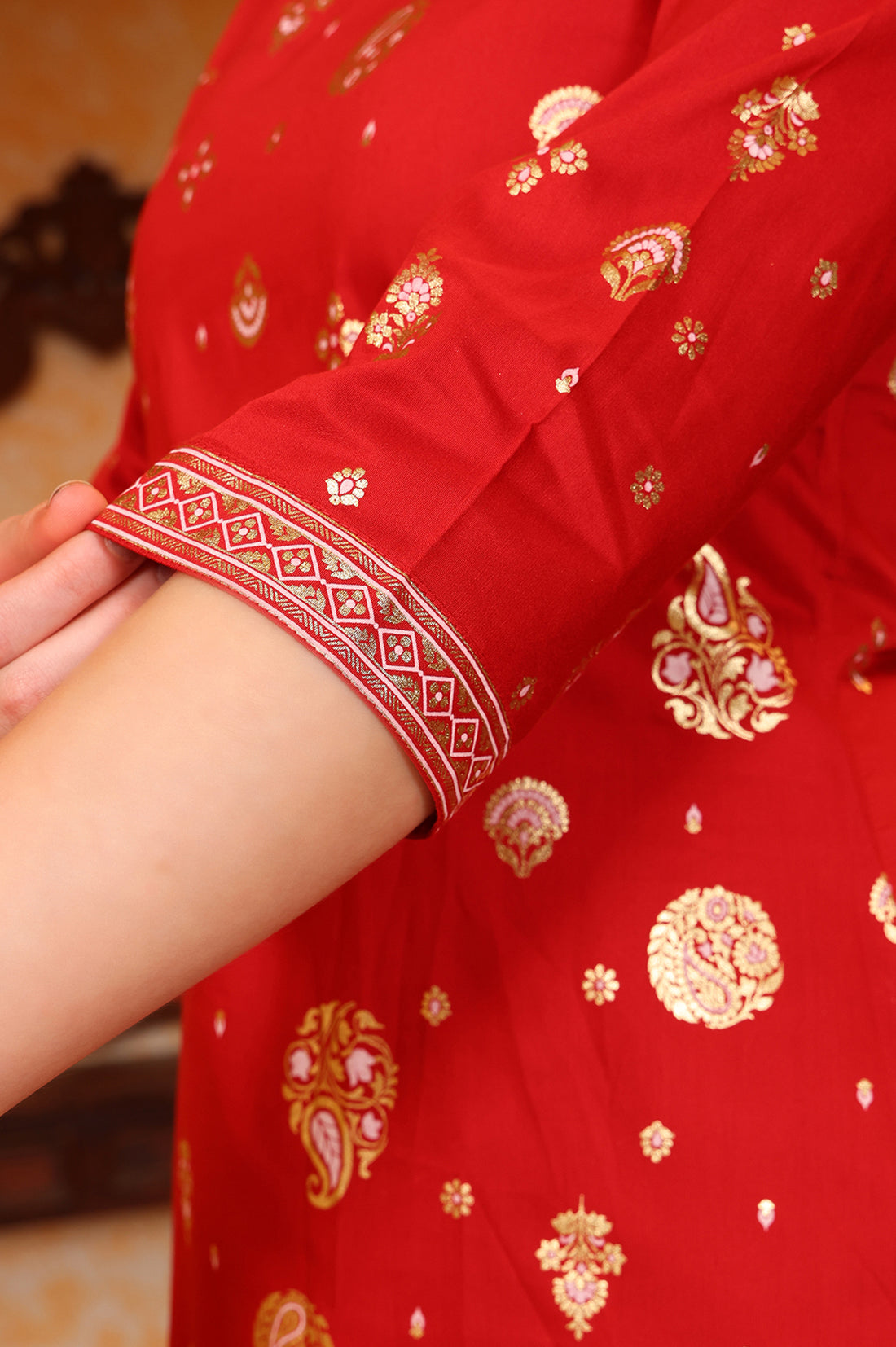 Red Abstract Printed Tape Ornamented Straight Kurta, Palazzo and Dupatta Set