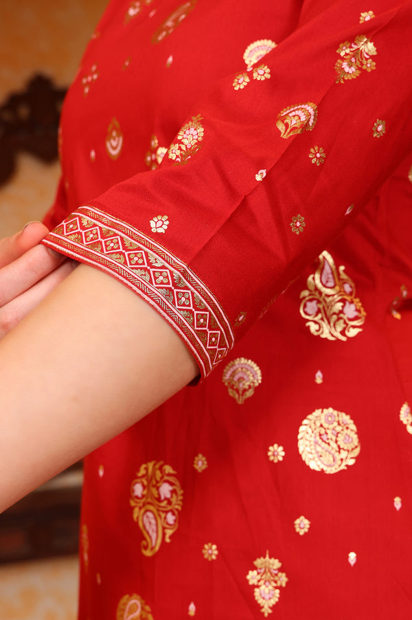 Red Abstract Printed Tape Ornamented Straight Kurta, Palazzo and Dupatta Set