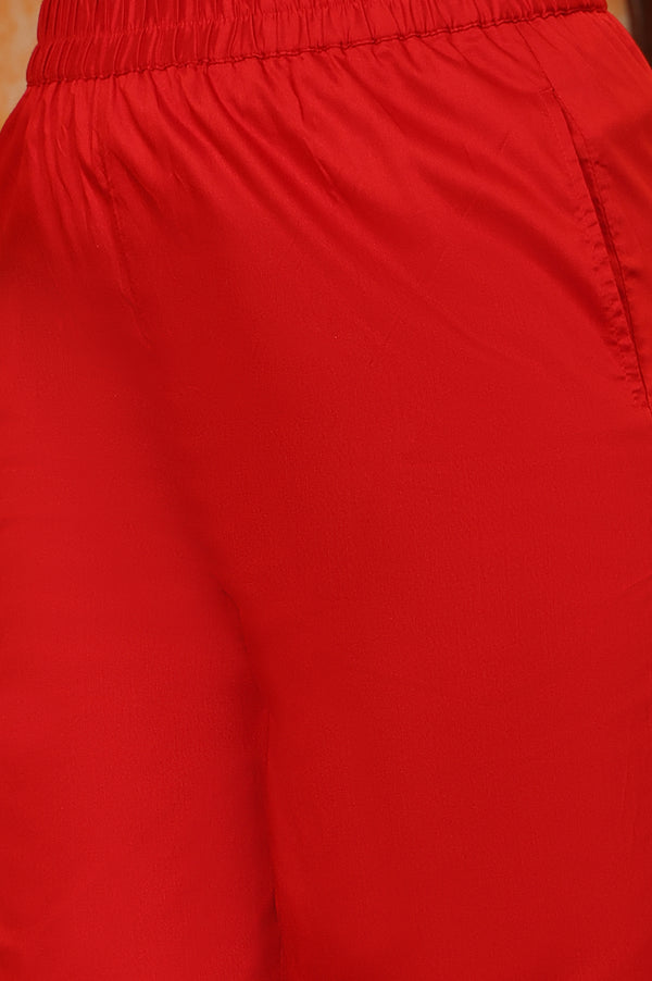 Red Abstract Printed Tape Ornamented Straight Kurta, Palazzo and Dupatta Set