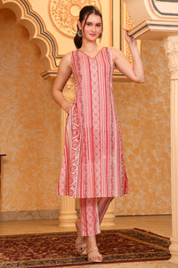 Red Abstract Printed Tape Embellished A-Line Cotton Blend Kurta and Trouser Co-ord Set