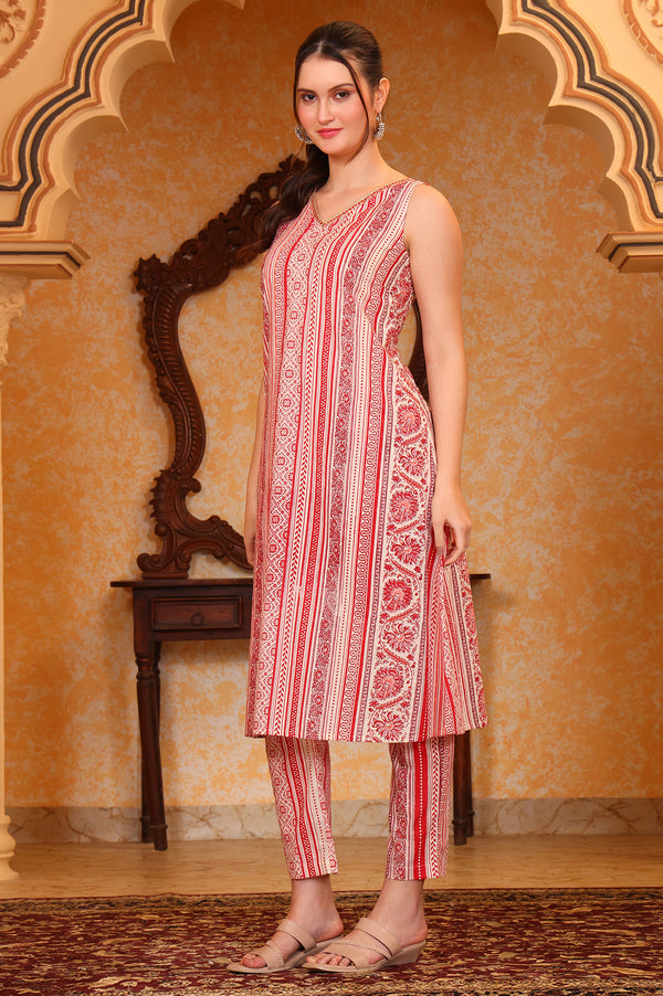 Red Abstract Printed Tape Embellished A-Line Cotton Blend Kurta and Trouser Co-ord Set