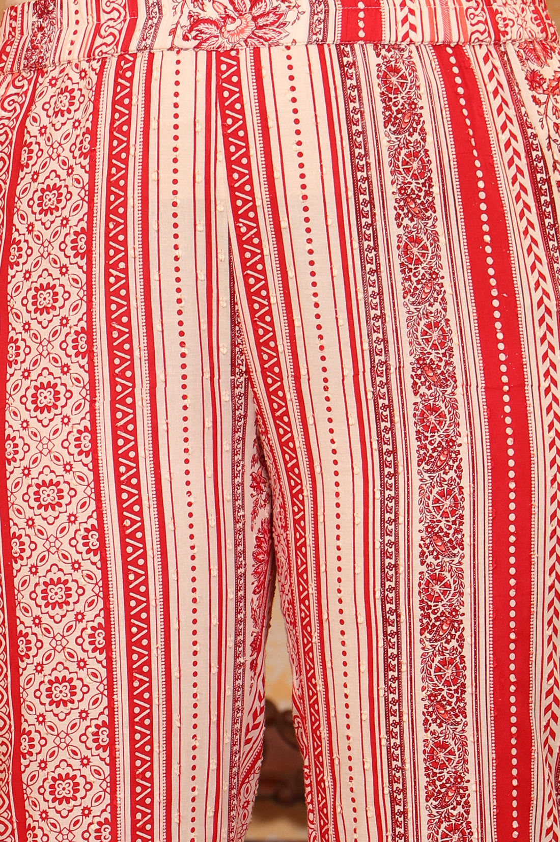 Red Abstract Printed Tape Embellished A-Line Cotton Blend Kurta and Trouser Co-ord Set
