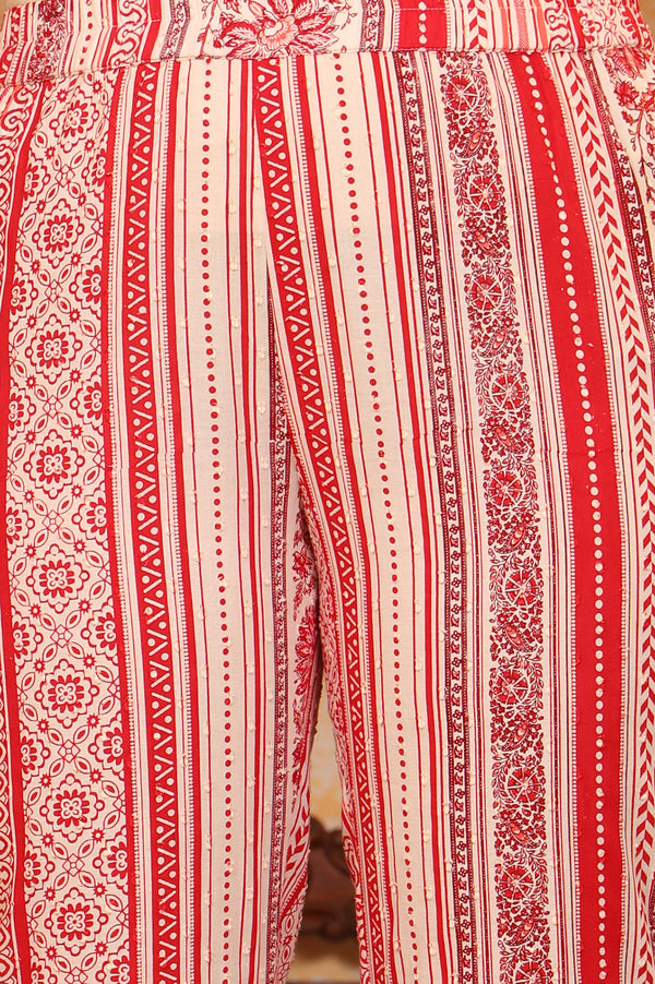 Red Abstract Printed Tape Embellished A-Line Cotton Blend Kurta and Trouser Co-ord Set