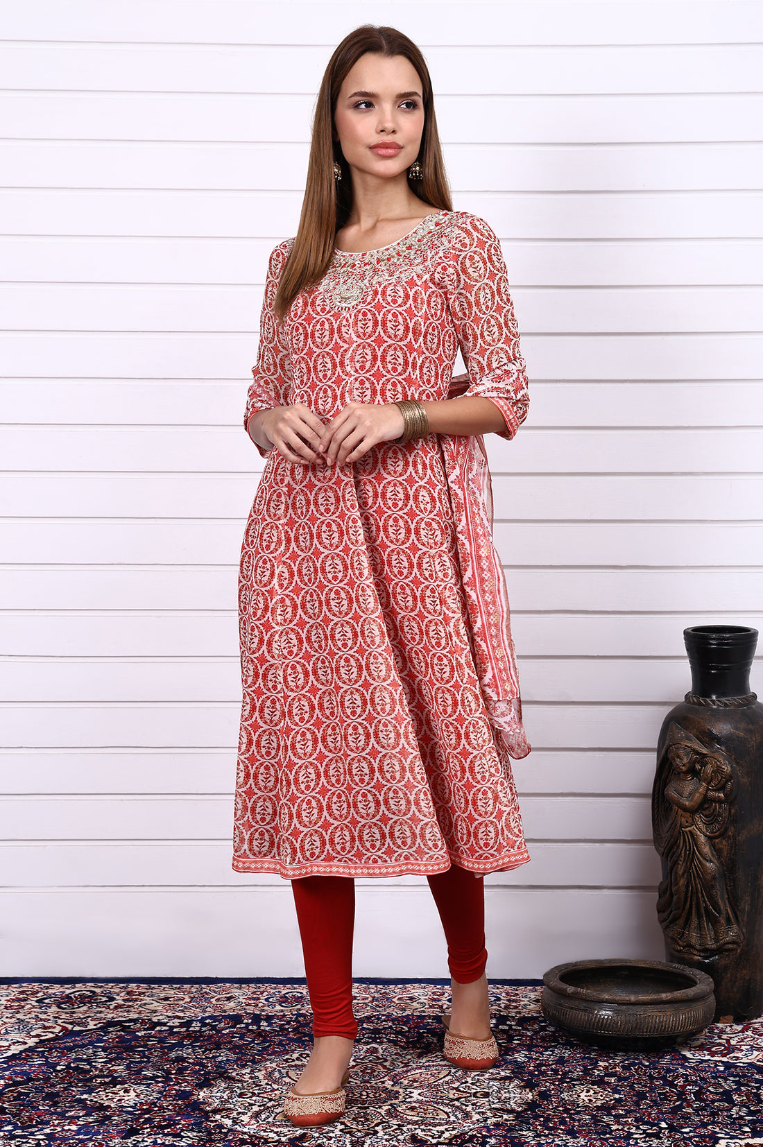Red Abstract Printed Zari Embroidered Georgette Anarkali Kurta, Leggings and Dupatta Set