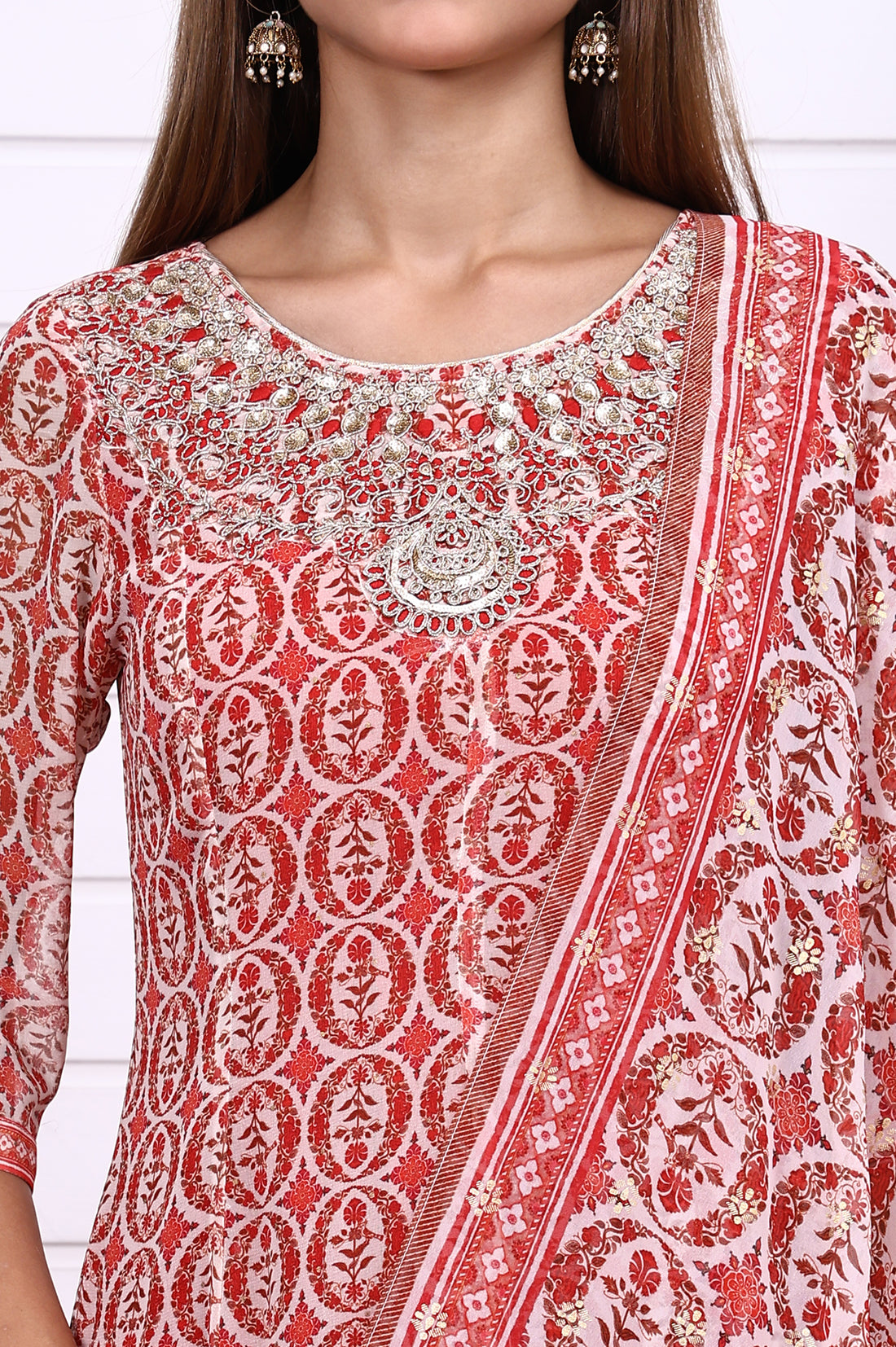 Red Abstract Printed Zari Embroidered Georgette Anarkali Kurta, Leggings and Dupatta Set
