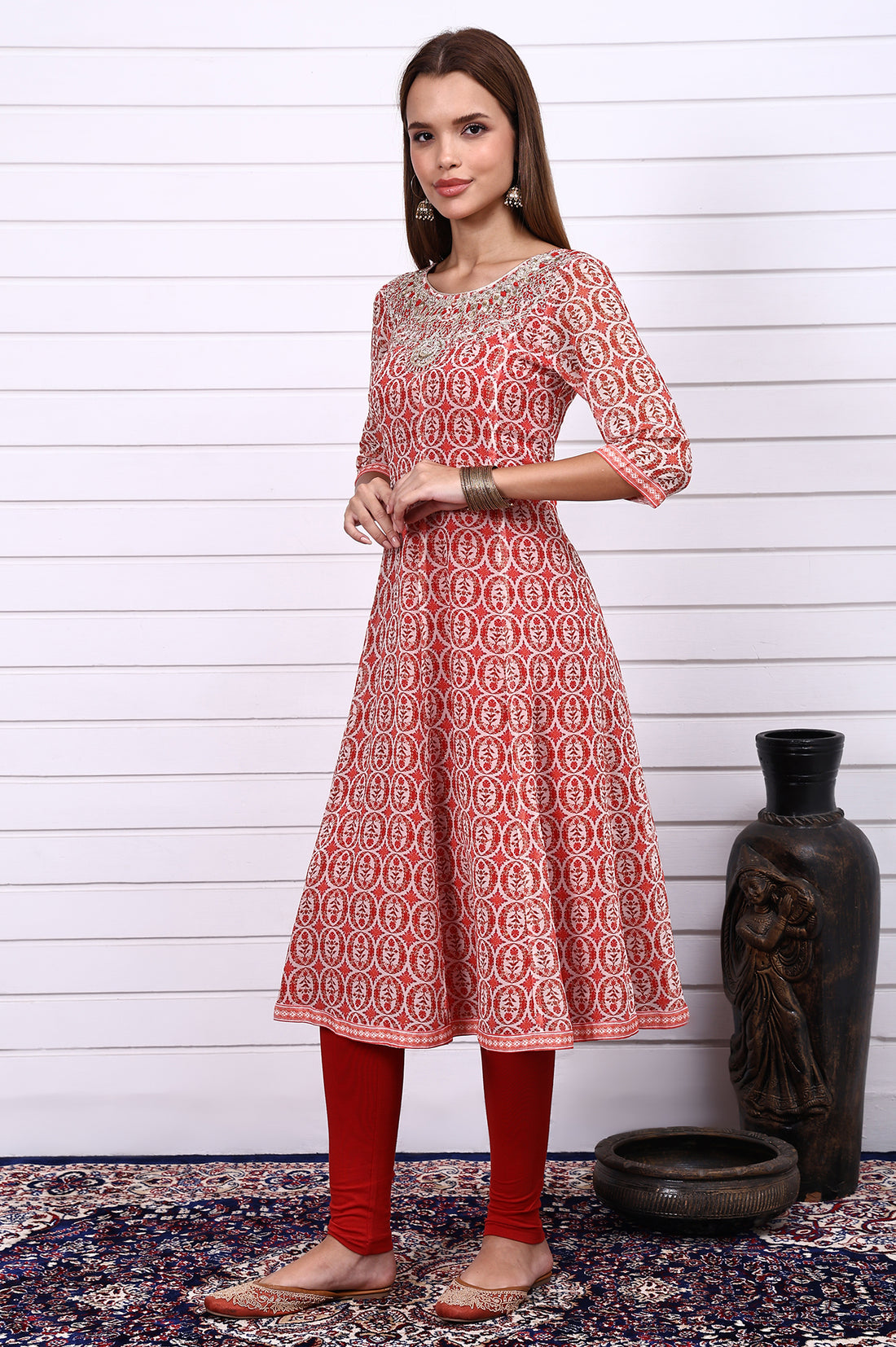 Red Abstract Printed Zari Embroidered Georgette Anarkali Kurta, Leggings and Dupatta Set