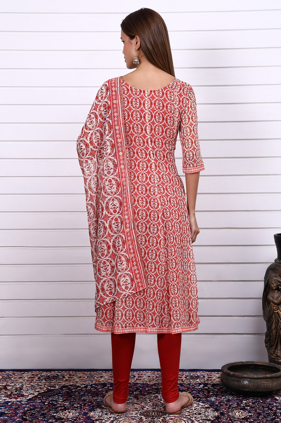 Red Abstract Printed Zari Embroidered Georgette Anarkali Kurta, Leggings and Dupatta Set