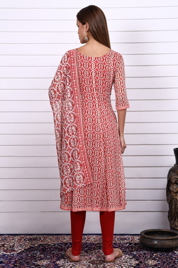 Red Abstract Printed Zari Embroidered Georgette Anarkali Kurta, Leggings and Dupatta Set