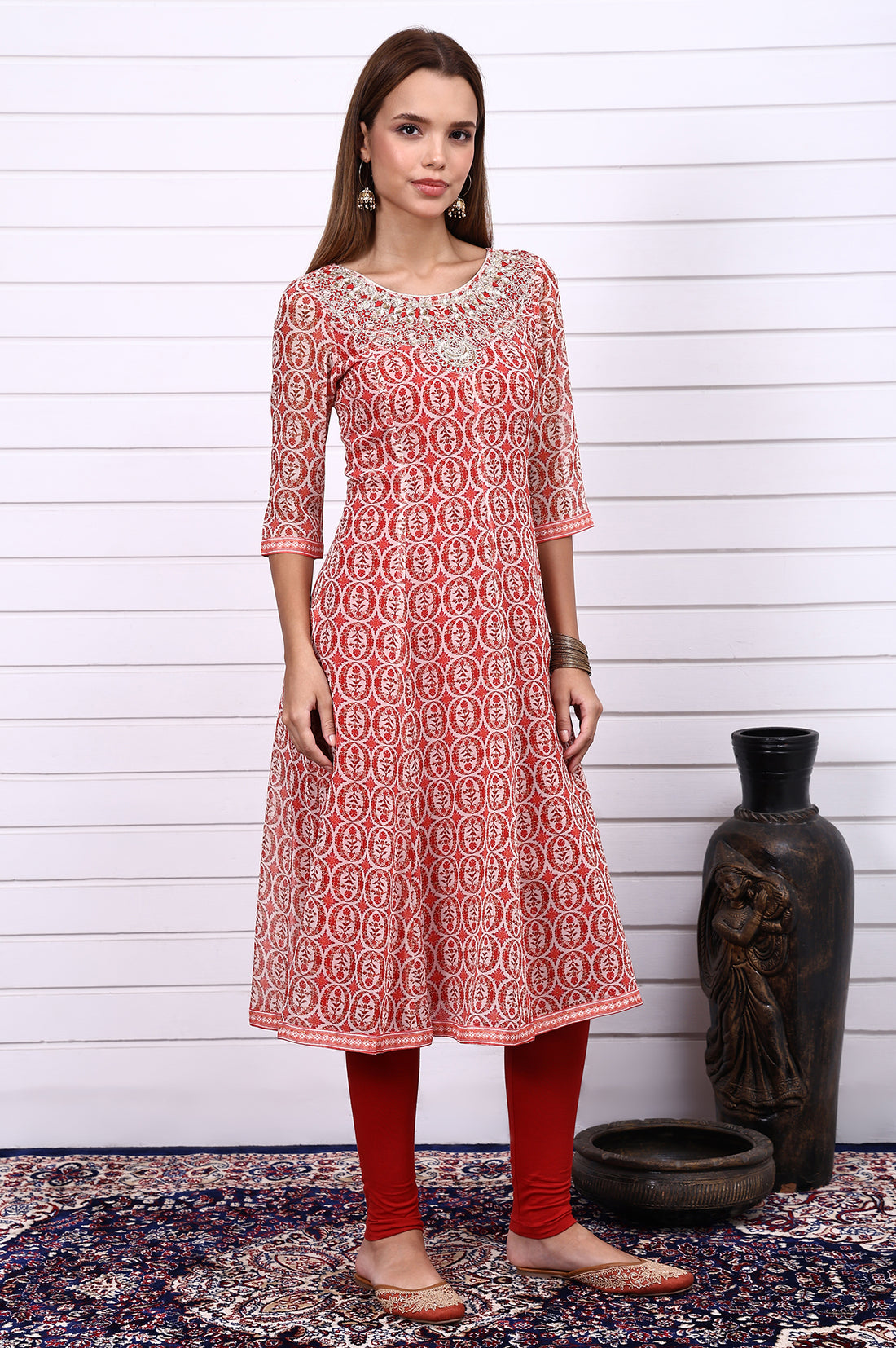 Red Abstract Printed Zari Embroidered Georgette Anarkali Kurta, Leggings and Dupatta Set