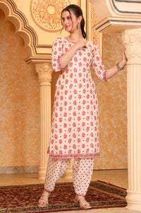 Cream Ethnic Motifs Printed Tape Embellished Straight Cotton Blend Kurta and Salwar Co-ord Set