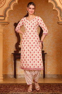 Cream Ethnic Motifs Printed Tape Embellished Straight Cotton Blend Kurta and Salwar Co-ord Set