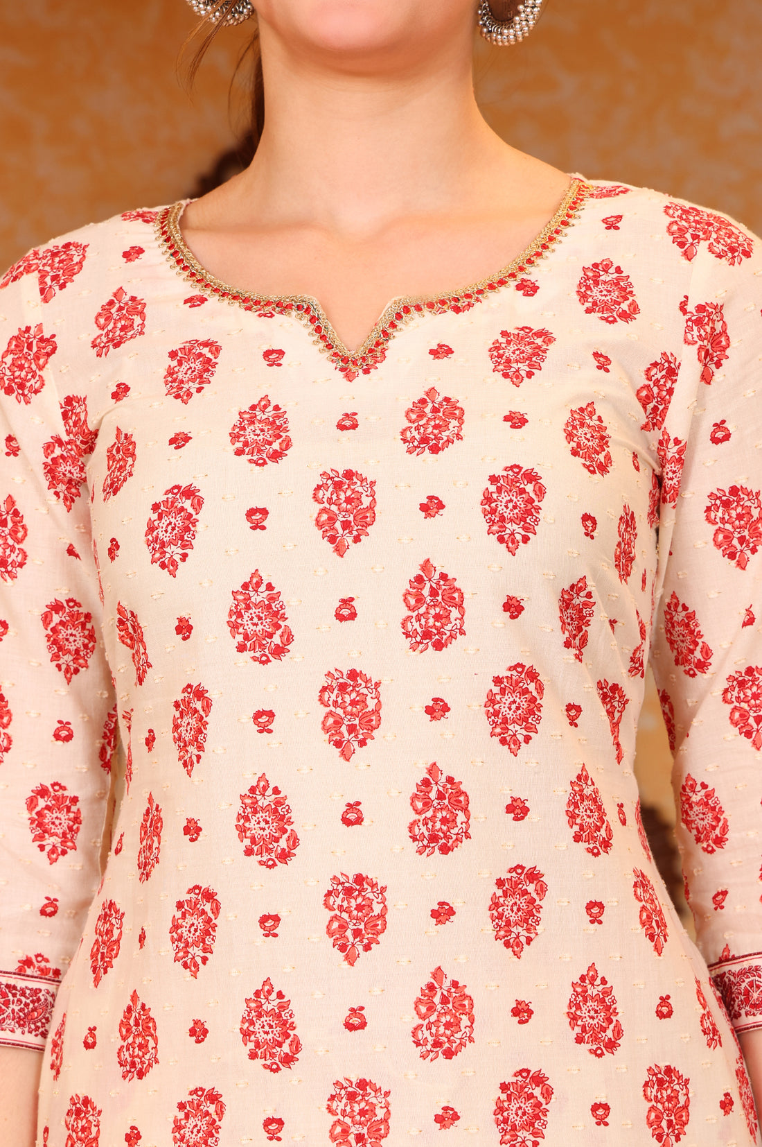 Cream Ethnic Motifs Printed Tape Embellished Straight Cotton Blend Kurta and Salwar Co-ord Set