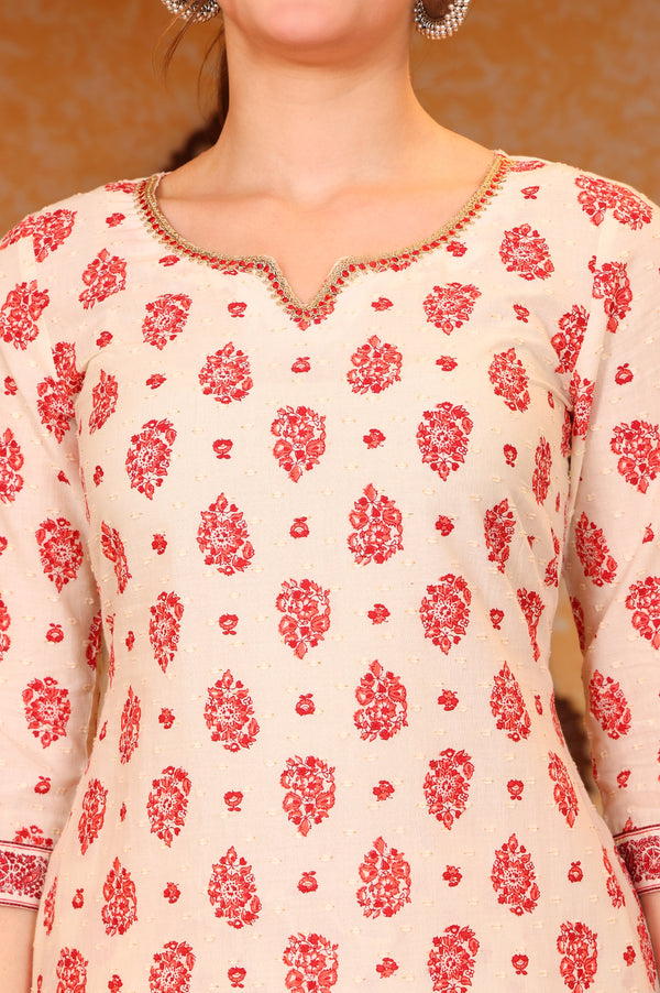 Cream Ethnic Motifs Printed Tape Embellished Straight Cotton Blend Kurta and Salwar Co-ord Set