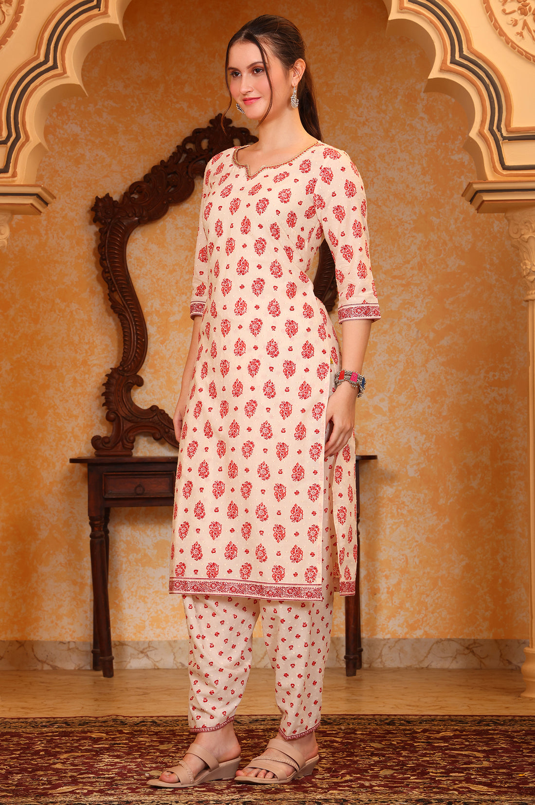 Cream Ethnic Motifs Printed Tape Embellished Straight Cotton Blend Kurta and Salwar Co-ord Set