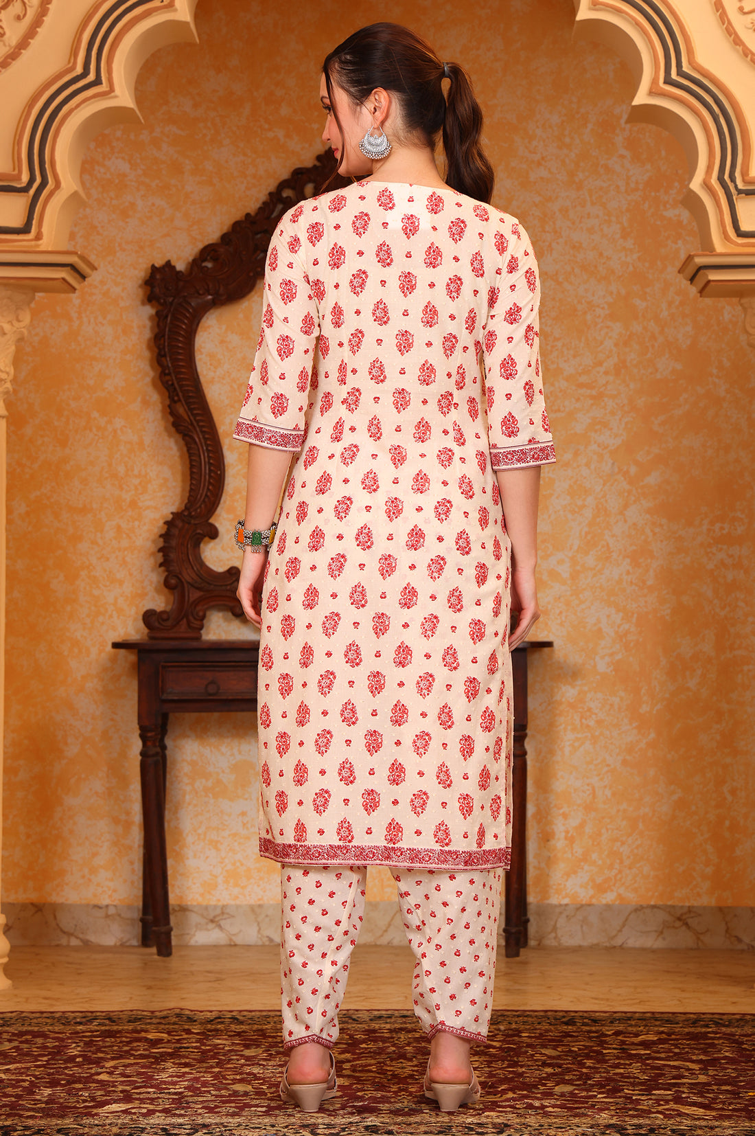 Cream Ethnic Motifs Printed Tape Embellished Straight Cotton Blend Kurta and Salwar Co-ord Set