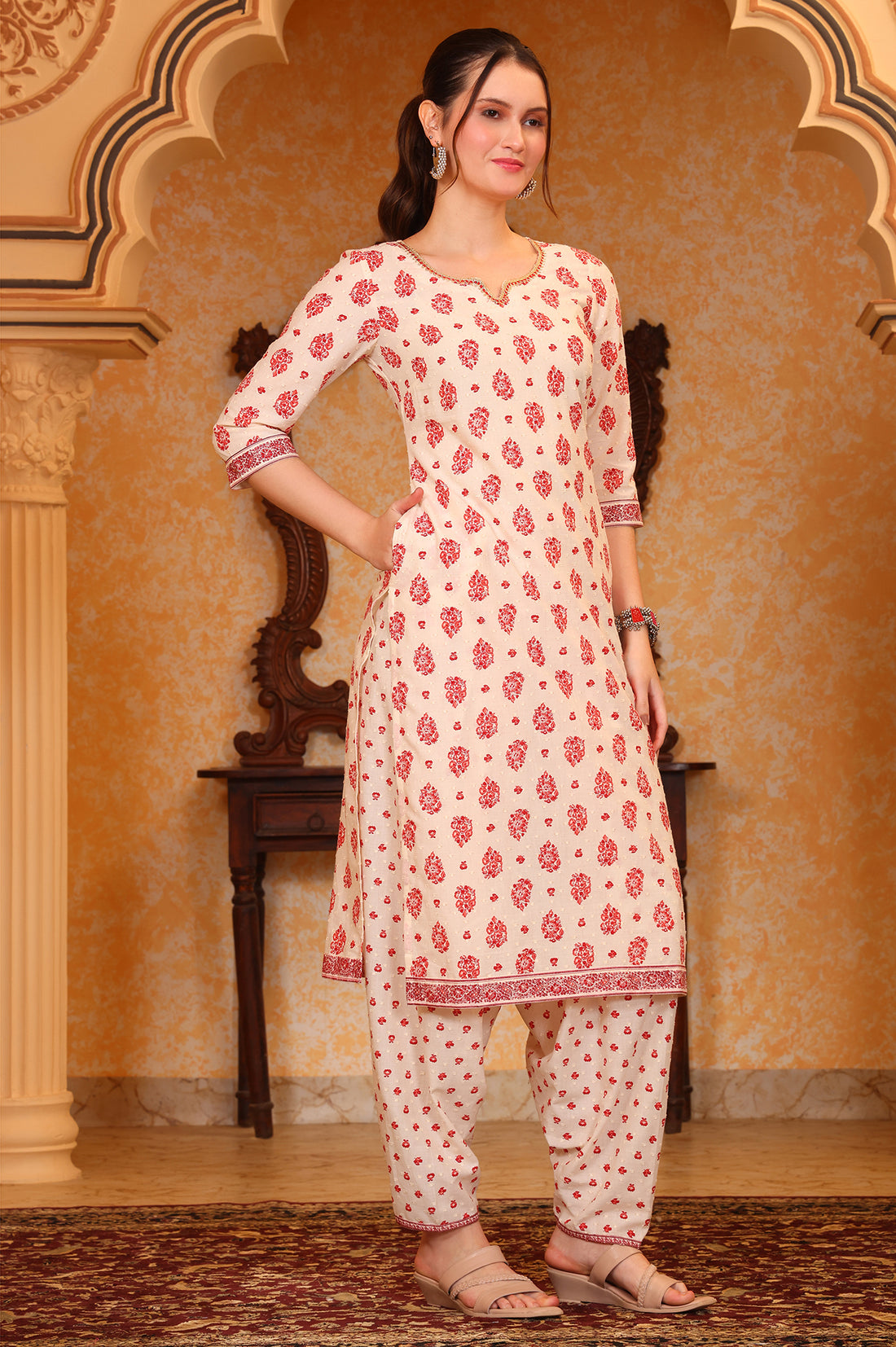Cream Ethnic Motifs Printed Tape Embellished Straight Cotton Blend Kurta and Salwar Co-ord Set