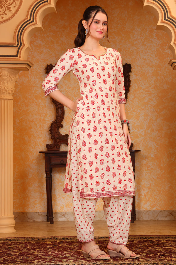 Cream Ethnic Motifs Printed Tape Embellished Straight Cotton Blend Kurta and Salwar Co-ord Set