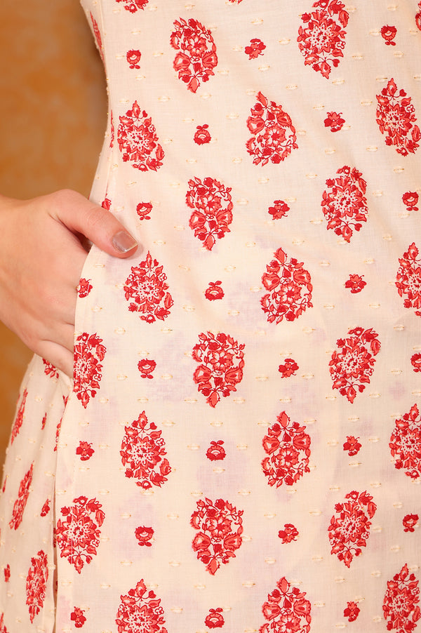 Cream Ethnic Motifs Printed Tape Embellished Straight Cotton Blend Kurta and Salwar Co-ord Set