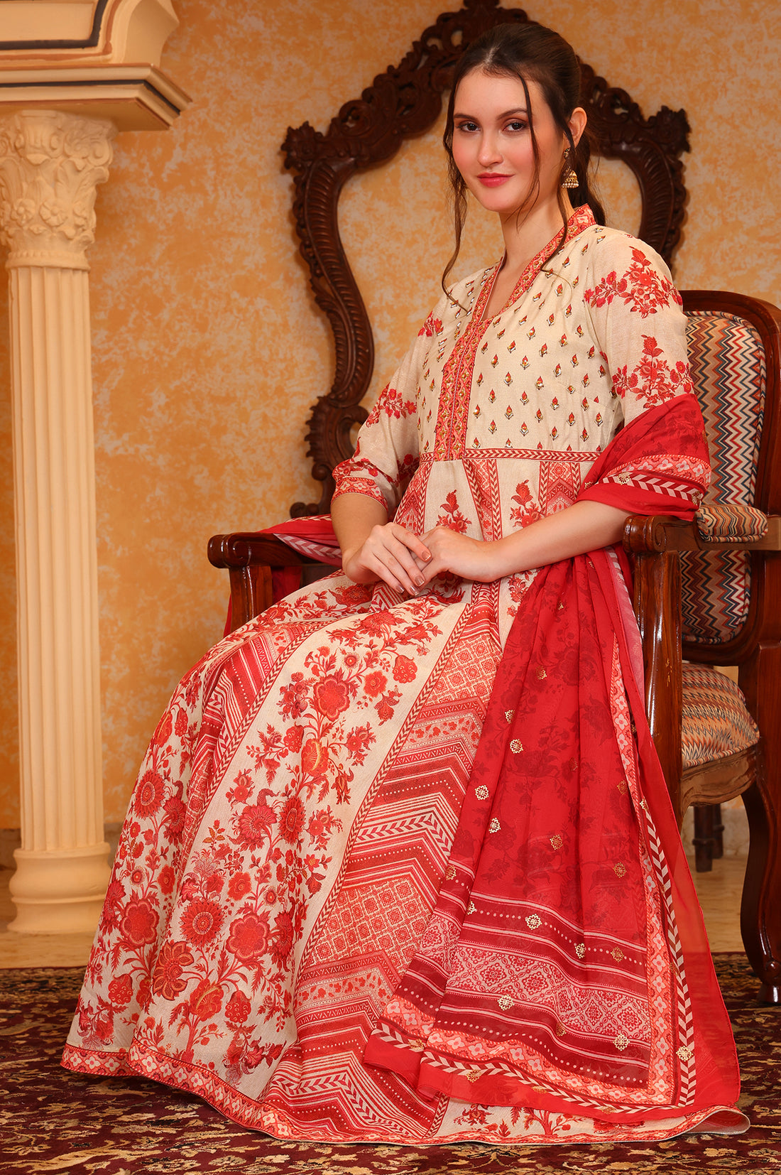 Red Abstract Printed Hand Work Anarkali Kurta and Tight with Dupatta