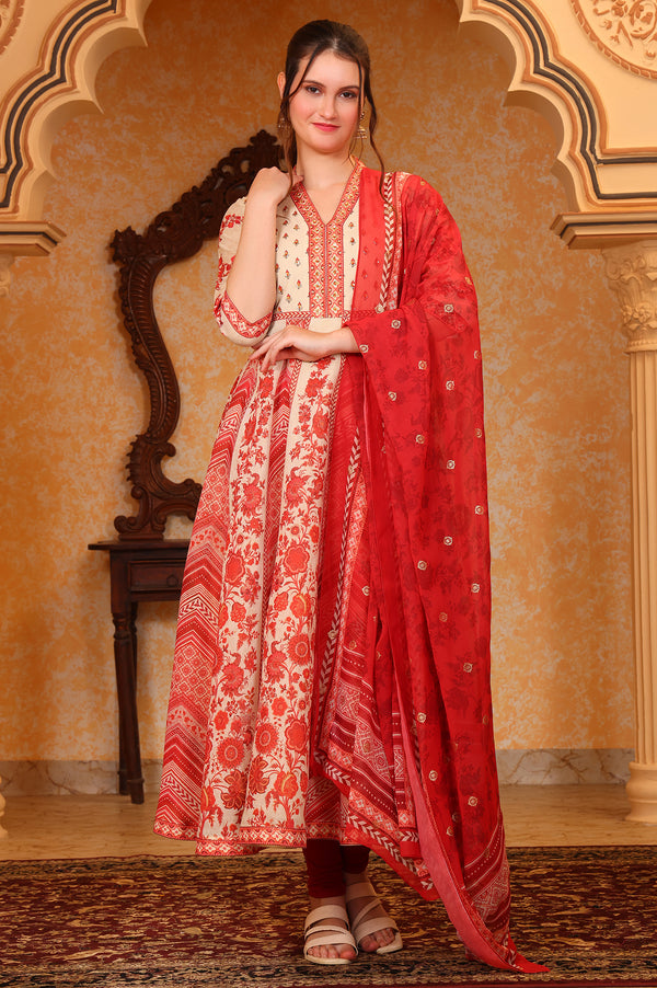 Red Abstract Printed Hand Work Anarkali Kurta and Tight with Dupatta