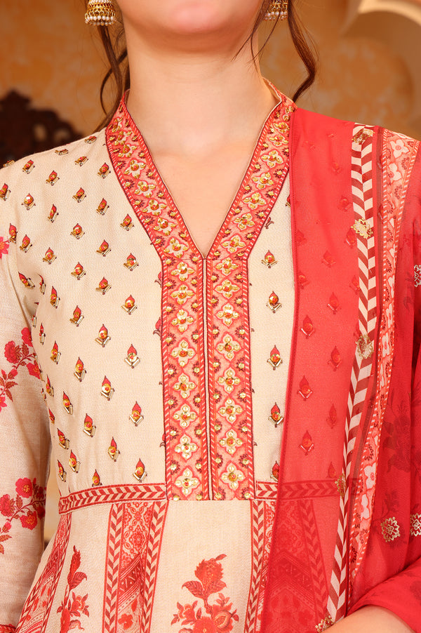 Red Abstract Printed Hand Work Anarkali Kurta and Tight with Dupatta