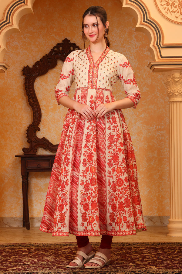Red Abstract Printed Hand Work Anarkali Kurta and Tight with Dupatta
