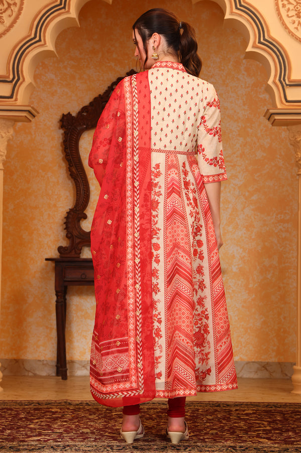 Red Abstract Printed Hand Work Anarkali Kurta and Tight with Dupatta
