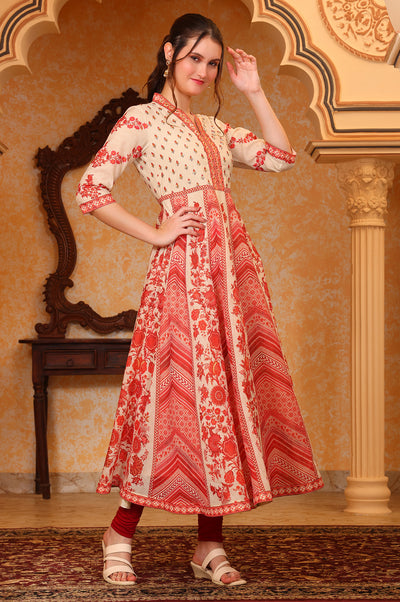 Red Abstract Printed Hand Work Anarkali Kurta and Tight with Dupatta