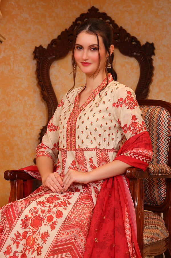Red Abstract Printed Hand Work Anarkali Kurta and Tight with Dupatta