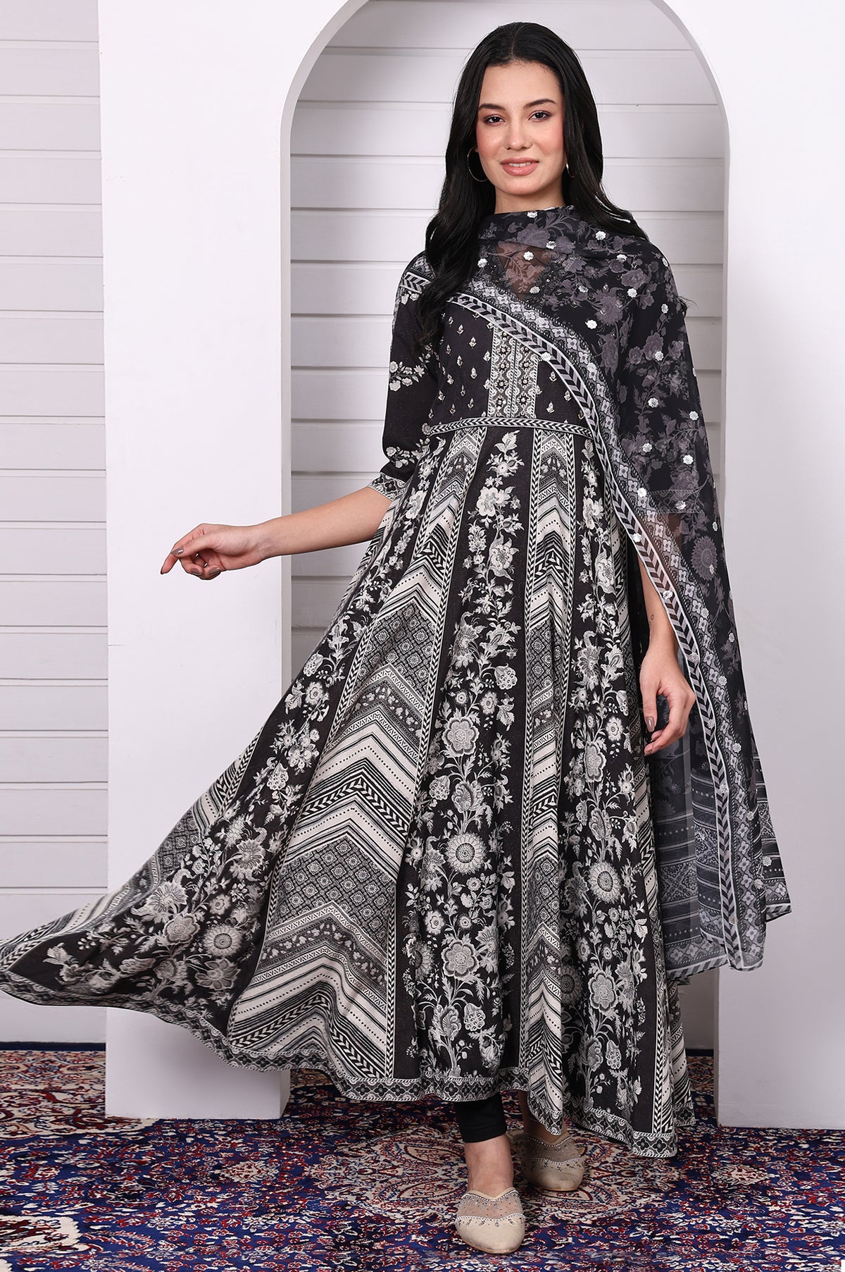 Black Abstract Printed Hand Work Flared Kurta, Leggings and Dupatta Set - S