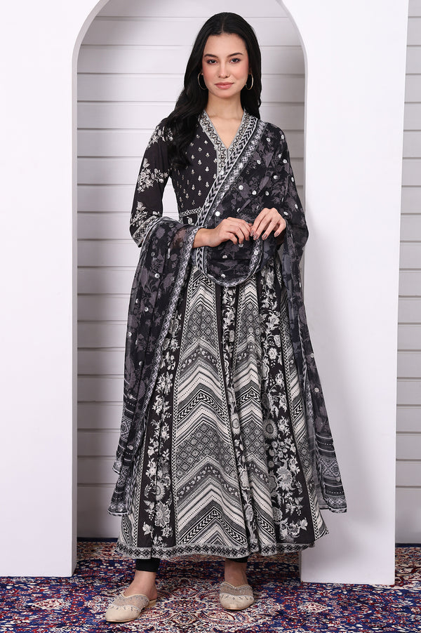 Black Abstract Printed Hand Work Flared Kurta, Leggings and Dupatta Set