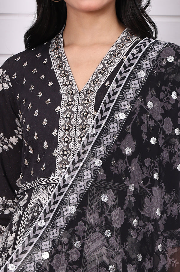 Black Abstract Printed Hand Work Flared Kurta, Leggings and Dupatta Set