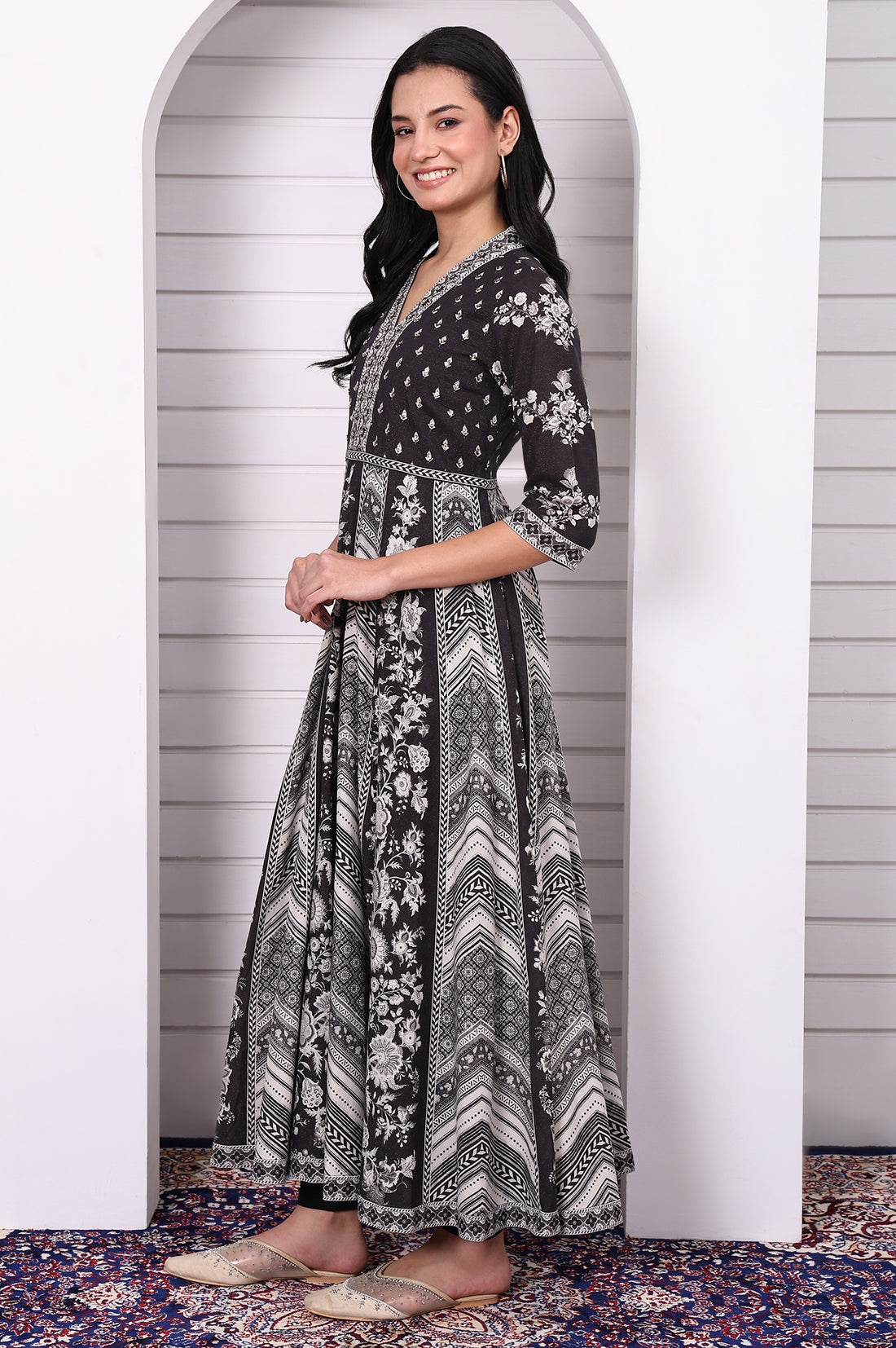 Black Abstract Printed Hand Work Flared Kurta, Leggings and Dupatta Set