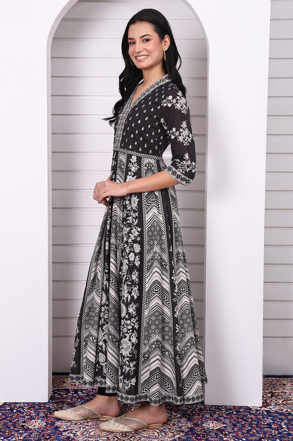 Black Abstract Printed Hand Work Flared Kurta, Leggings and Dupatta Set
