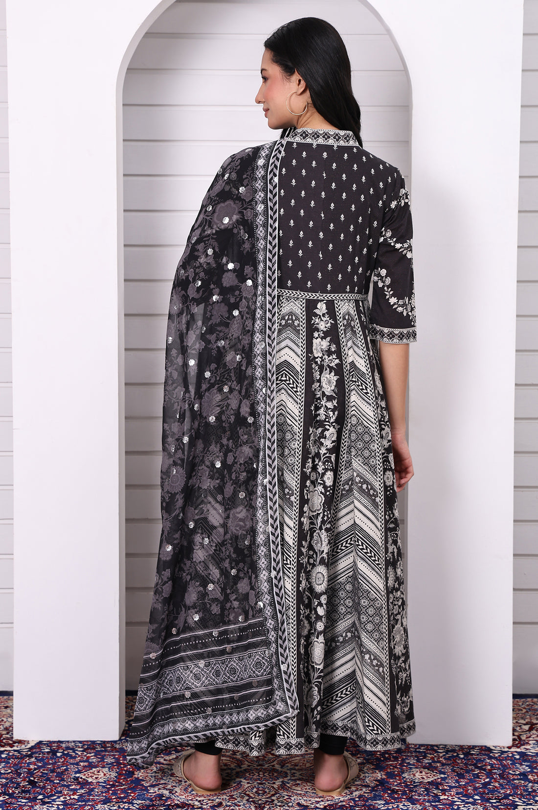 Black Abstract Printed Hand Work Flared Kurta, Leggings and Dupatta Set