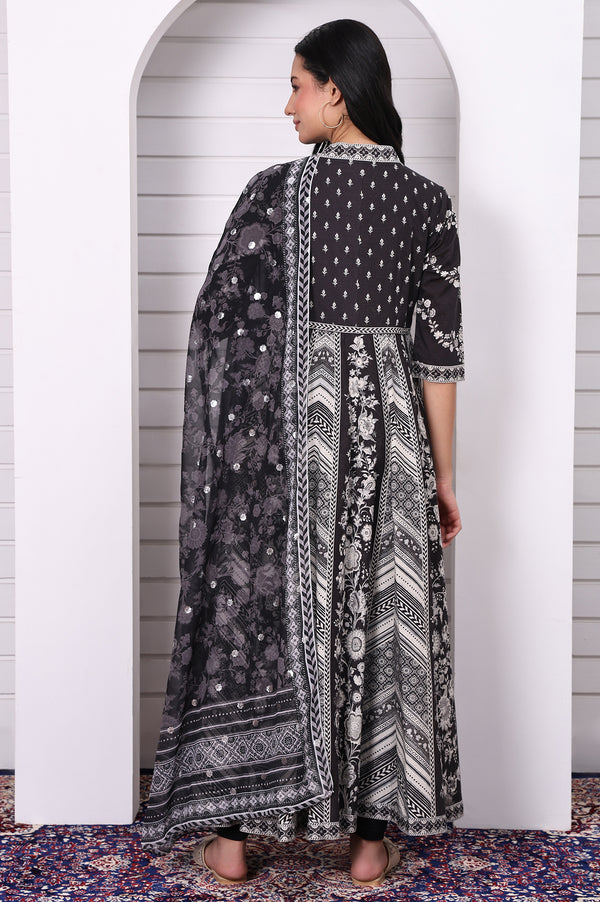 Black Abstract Printed Hand Work Flared Kurta, Leggings and Dupatta Set